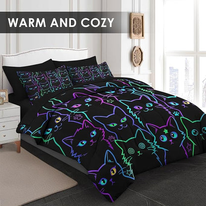Pamnest 7 Pcs King Size Comforter Set with 2 Pillowcases & 2 Shams, Cute Cat Halloween Bedding Set for Kids and Adults, Neon Funny Gothic Bed in a Bag with Flat Sheet and Fitted Sheet