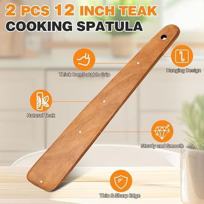 2PCS Teak Wooden Spatula for Cooking, 12 Inch Wood Spatula Turner & Egg Flipper Scraper for Cast Iron, Flat Wood Cooking Utensils, Spatulas Spoons Perfect for White Elephant Gift ideas, Kitchen Gifts