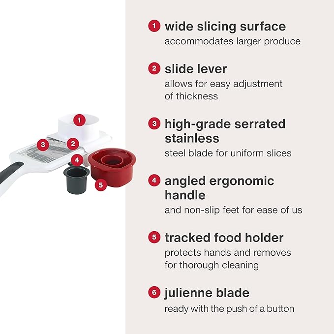 Zyliss Easy Control Handheld Slicer - Vegetable Slicer & Chopper - Fruit Cutter - Handheld Slicer with Two Stainless Steel Blades - Dishwasher Safe - White/Red, 13 inches