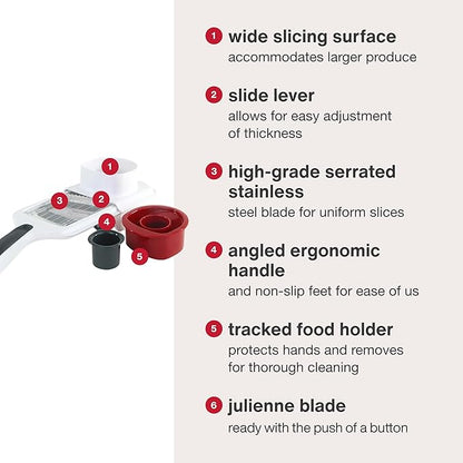 Zyliss Easy Control Handheld Slicer - Vegetable Slicer & Chopper - Fruit Cutter - Handheld Slicer with Two Stainless Steel Blades - Dishwasher Safe - White/Red, 13 inches