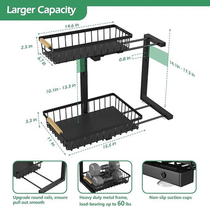 ADRIMER Under Sink Organizer 2 Packs, Pull Out Kitchen Sink Organizer, 2 Tier Slide Out Kitchen Organizers and Storage Bathroom Under Cabinet Storage Shelf, Black