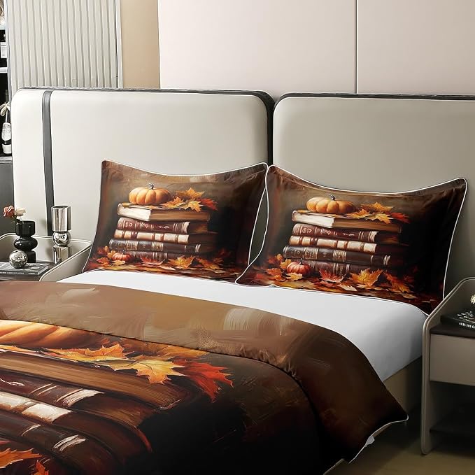 Castle Fairy 100% Natural Cotton Read Book Theme Bedding Set King Size Pumpkin Lantern Maple Duvet Cover Luxury Light Fall Style Plants Comforter Cover (No Comforter)