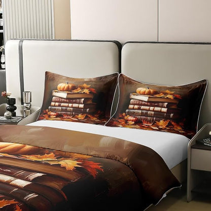 Castle Fairy Read Book Theme 100% Organic Cotton Comforter Cover (Not Comforter) Pumpkin Lantern Maple Duvet Cover Set Queen Size for Bedroom Fall Style Plants Bedding Set with 2 Pillowcases
