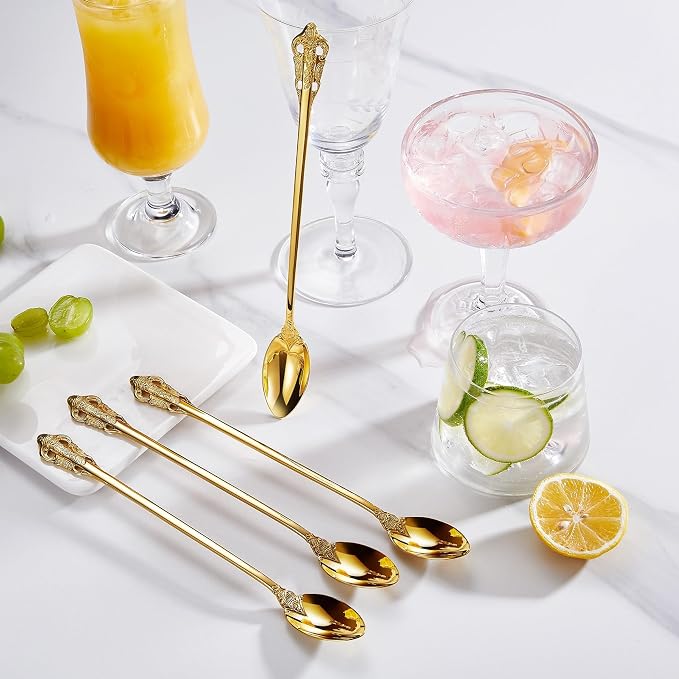 KEAWELL Luxurious 9 Inch Long Iced Tea Spoon Set - 4 Pieces - Gorgeous Design with Exceptional Mirror Polished Finish - 18/10 Stainless Steel- Perfect for Tall Glasses, Cocktails (Gold)