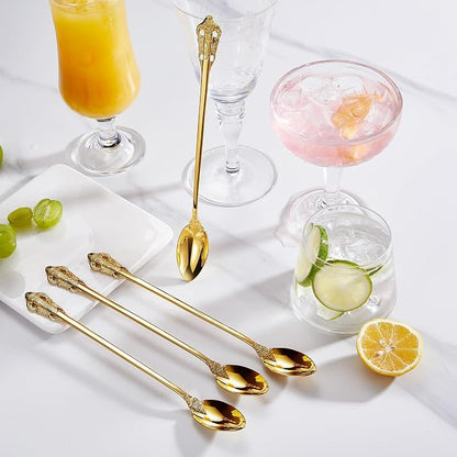 KEAWELL Luxurious 9 Inch Long Iced Tea Spoon Set - 4 Pieces - Gorgeous Design with Exceptional Mirror Polished Finish - 18/10 Stainless Steel- Perfect for Tall Glasses, Cocktails (Gold)