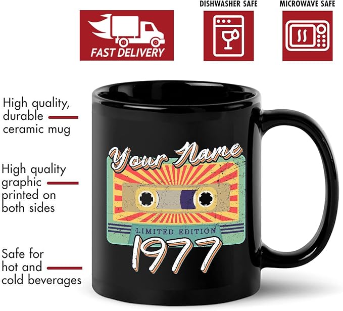 Personalized Vintage Cassette Tape Vintage 1977 Mug, Custom Your Name, 1977 Retro Coffee Mug, 45th Birthday Present Gifts, 1977 Birthday Gift For Friends Family, Customizable Black Tea Cups