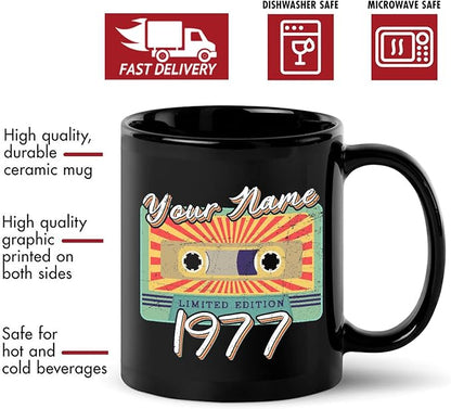 Personalized Vintage Cassette Tape Vintage 1977 Mug, Custom Your Name, 1977 Retro Coffee Mug, 45th Birthday Present Gifts, 1977 Birthday Gift For Friends Family, Customizable Black Tea Cups