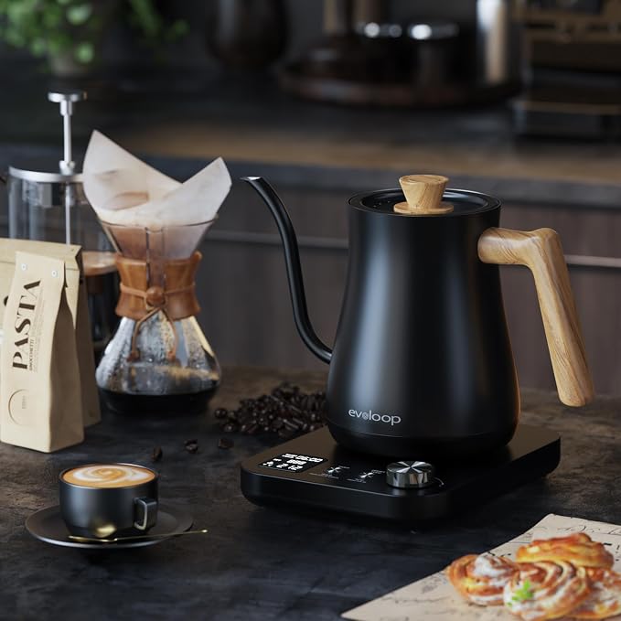 Gooseneck Electric Kettle, Electric tea Kettles, ±1℉ Temperature Control for Pour-Over Coffee & Tea Brewing, Stainless Steel Inner, Quick Heating, Boil Hot Water, 1200W/0.8L (Black Wooden)