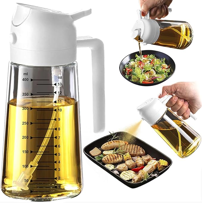 Olive oil dispenser with measurement markings being used on a salad and roasted vegetables.