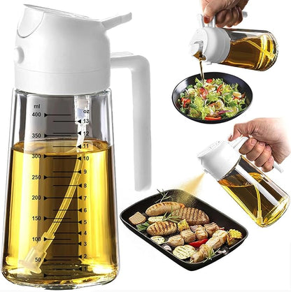 Olive oil dispenser with measurement markings being used on a salad and roasted vegetables.