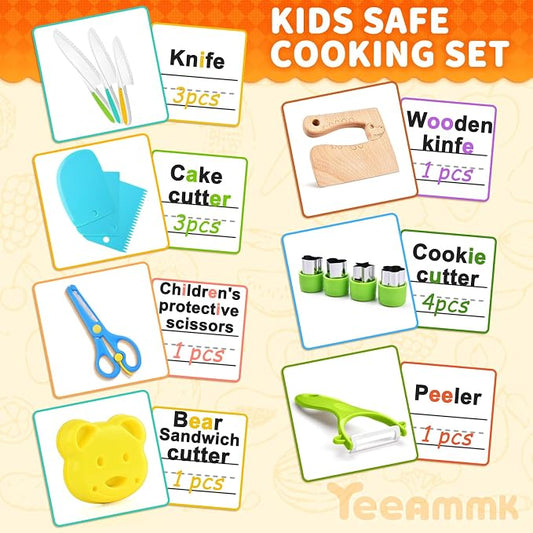 17PCS Montessori Toys Real Cooking Set for Kids Ages 3-6 - Kitchen Toys for Toddlers with Safe Knives, Cutting Board & Utensils - Learning Educational Pretend Play