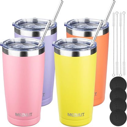 MEZMUT 20oz Tumbler Coffee Travel Mug with Lid and Straw, 4 Pack Stainless Steel Double Wall Vacuum Spill Proof Insulated Tumbler, Hot or Iced Coffee Cups for Drinks (4Pcs, Mixed1)