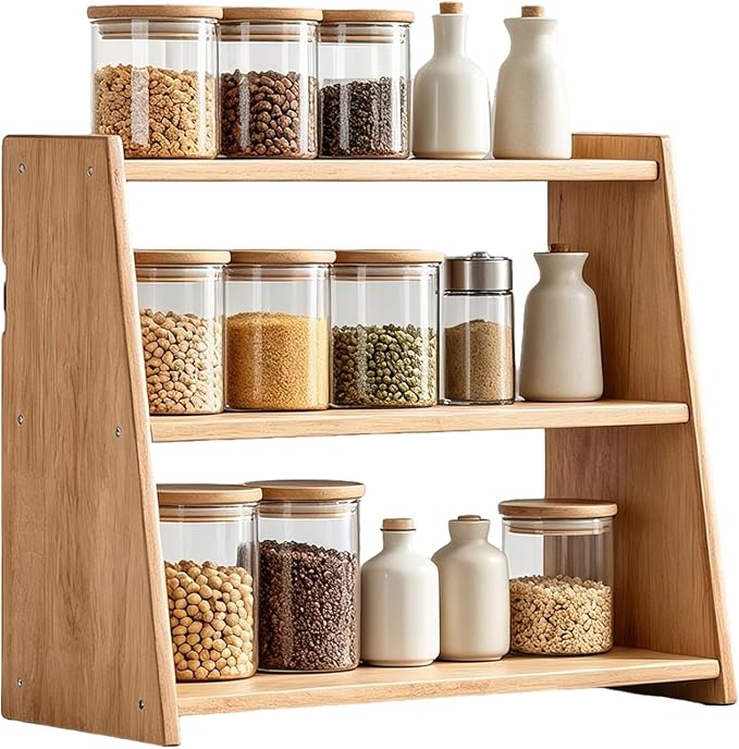 100% Solid Rubber Wood Spice Rack, 3 Tier Freestanding & Wall Mounted Kitchen Countertop Organizer, Trinket Shelf, Tiered Display Stand for Spices, Makeup, Collectibles & Home Decor