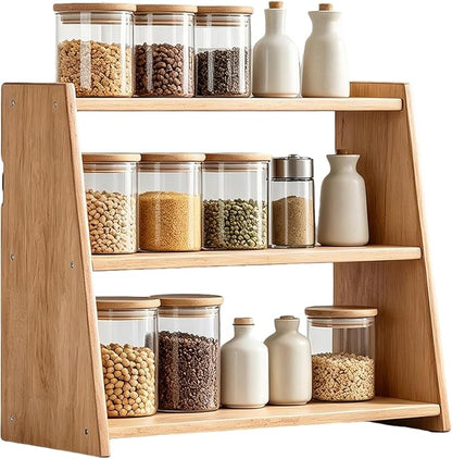 100% Solid Rubber Wood Spice Rack, 3 Tier Freestanding & Wall Mounted Kitchen Countertop Organizer, Trinket Shelf, Tiered Display Stand for Spices, Makeup, Collectibles & Home Decor
