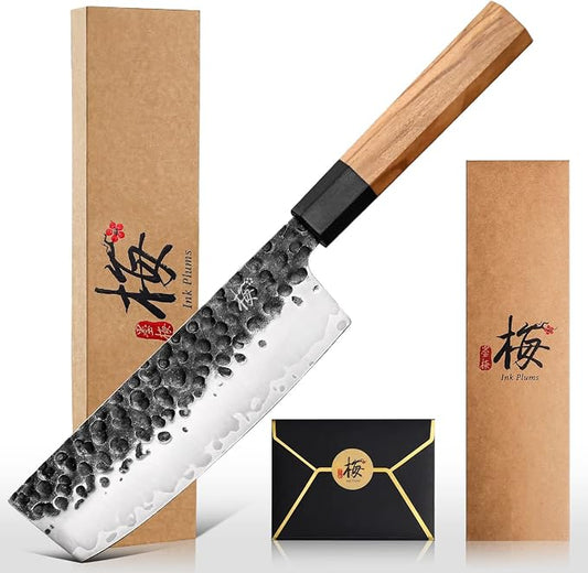 Nakiri Knife 6.7 Inch, Japanese Hand Forged High Carbon Steel Vegetable Cleaver Kitchen Knife with Natural Olive Wood Octagonal Handle, Professional Chopping Knife for Vegetables & Gift Box