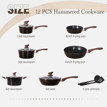 Kitchen Academy Induction Pots and Pans Set Non Stick - 12 Pcs Nonstick Kitchen Cookware Set, Black Hammered Cooking Pans Set