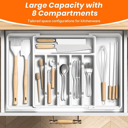 RoomHacks Large Silverware Organizer,Expandable Utensil Drawer Organizer,BPA Free Utensil Holder,Adjustable Silverware Tray Cutlery Drawer Organizer for Kitchen Flatware,Large,White (6-8 Slots)