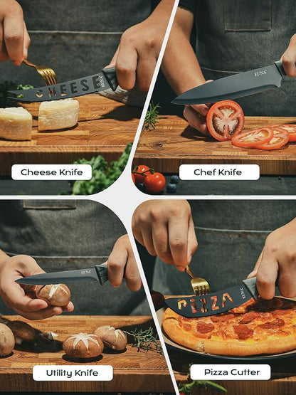 EUNA Knife Block Set, 19 PCS Kitchen Knife Set with Acrylic Block and Sharpener, German High-Carbon Stainless Steel Knife Sets with 6 Serrated Steak Knives, Bread Knife, Chef Knife, Dishwasher Safe
