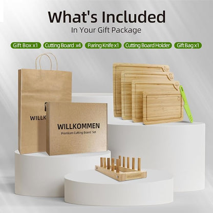 WILLKOMMEN 4-Piece Bamboo Cutting Boards for Kitchen, Chopping Board Set with Food Icon (Meat, Fish, Vegetables, Fruits) Butcher Block with Stands, Handles & Juice Grooves (Small, Medium, Large, XL)