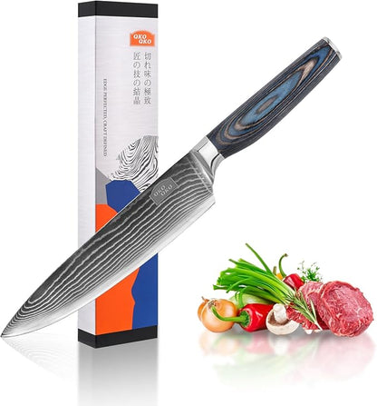 Damascus Chef Knife, 8-Inch Kitchen Knives with 9Cr18MoV Steel Core, Japanese Chef Knife with Durable Wood Handle - Professional Razor Sharp Cooking Chef Knife for Kitchen with Gift Box