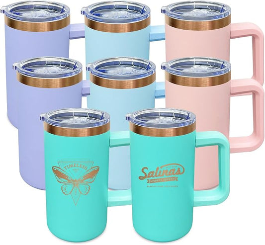 20 oz Insulated Coffee Mug with Lid, Stainless Steel Coffee Tumbler Bulk, Double Wall Vacuum Travel Mug with Handle, Leakproof Powder Coated Coffee Cups for Hot and Cold Drinks (Mixed B,8 pack)
