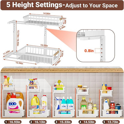 Under Sink Organizer, 2 Tier Pull Out Cabinet Organizer with 5 Adjustable Heights, Metal Under Sink Storage with Sliding Drawers for Kitchen, Bathroom, Pantry and Laundry Room, 4-Pack White