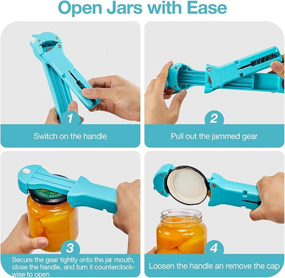 Jar Opener for Seniors with Arthritis, 7 in 1 Bottle Opener and Wine Corkscrew, Easy Grip Kitchen Gadget for Weak Hands Elderly, Retractable Jaw Lid Opener with Magnetic Storage (Teal)