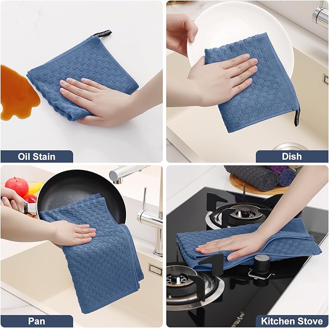 Homaxy 100% Cotton Kitchen Towels and Dishcloths Set, 12 x 12 & 15 x 25 Inches, Set of 16 Bulk Terry Cloth Dish Towels, Super Soft and Absorbent Hand Towel with Hanging Loop, Navy Blue