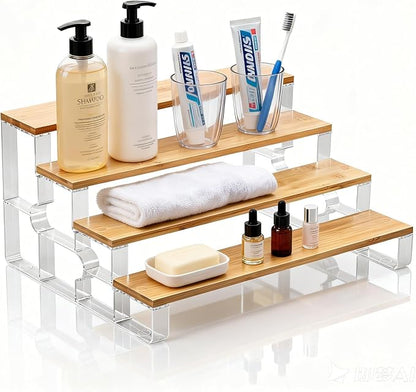 junyuan Bamboo Bathroom Organizers and Storage,Spice Rack Organizer for Cabinet,4 Tier Perfume Organizer for Bedroom,Seasoning Countertop Shelf for Kitchen,Display Shelves Racks,Clear 11.2"
