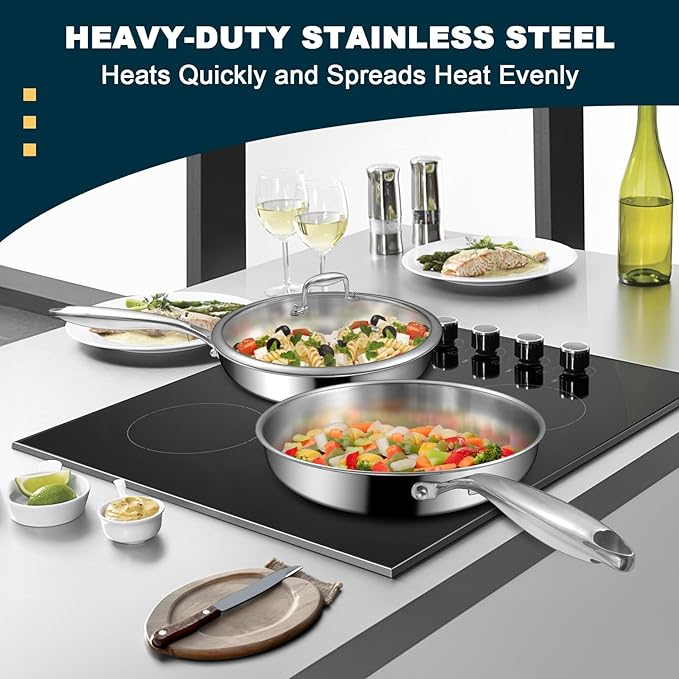 EWFEN Tri-Ply Stainless Steel Frying Pans Set with Lid, 8”/10”/12” Cooking pans, PFOA&PTFE Free Skillet, Induction Cooking Pan, Dishwasher and Oven Safe, Fast & Even Heat, Suitable for All Stove