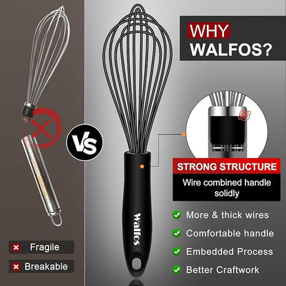 Walfos Silicone Whisk,Stainless Steel Wire Whisk Set of 3 -Heat Resistant 480°F Kitchen Whisks for Non-stick Cookware,Balloon Egg Beater Perfect for Blending,Whisking,Beating,Frothing & Stirring,Black