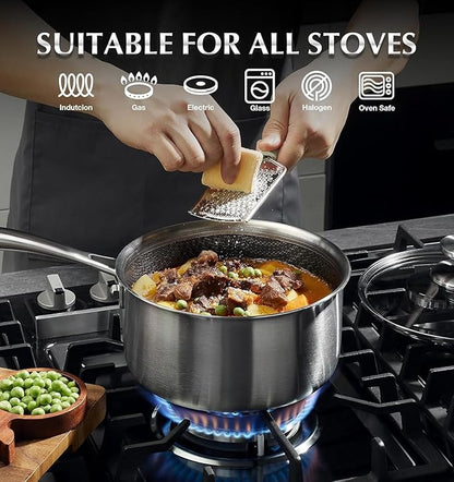 KOCH SYSTEME CS 4 Quart Saucepan With Lid, Hybrid Nonstick Stainless Steel Saucepan, Tri-Ply Stainless Steel Pot 4QT, Stainless Steel Sauce Pan with Honeycomb Interior, Large Saucepan Induction Ready