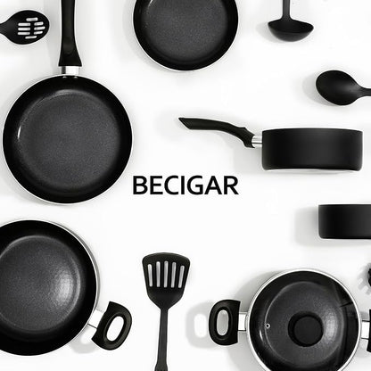 BECIGAR 8 Pcs Ceramic Pots and Pans Set, Cooking Pan Set, Nonstick Cookware Set, Induction Safe Kitchen Cooking Set with Frying Pans, Saucepans, shovel and Ladle, Blcak