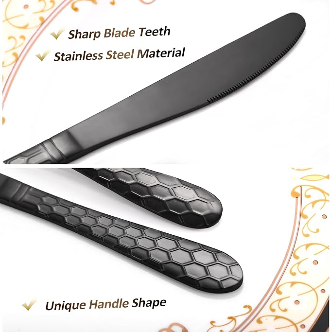 30 Pcs Black Hammered Silverware Set Service for 6,with Steak Knives Stainless Steel Flatware Set,Mirror Cutlery Utensil,Durable Kitchen Tableware,Ripple Teardrop Fork Knife Spoon,Dishwasher Safe