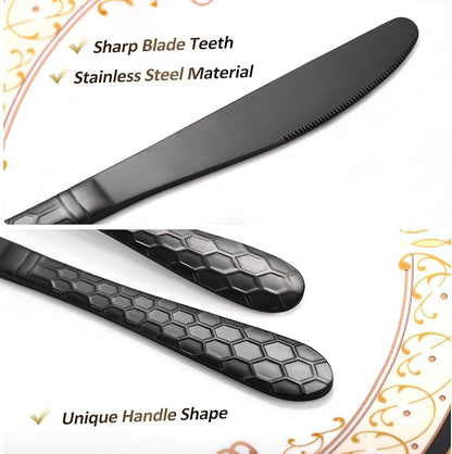 30 Pcs Black Hammered Silverware Set Service for 6,with Steak Knives Stainless Steel Flatware Set,Mirror Cutlery Utensil,Durable Kitchen Tableware,Ripple Teardrop Fork Knife Spoon,Dishwasher Safe