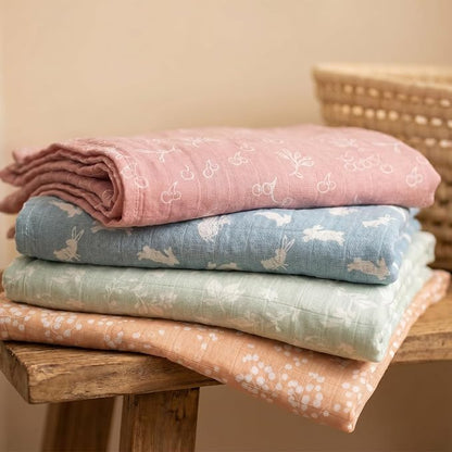 4-Pack Muslin Swaddle Blankets for Newborns | 100% Cotton Breathable Soft Muslin, Large 31.5"x43.3" | Multi-Use Stroller Sunshade Nursing Cover & Receiving Blanket, Neutral Rabbits