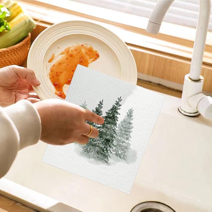 Christmas Pine Tree Winter Swedish Dishcloths for Kitchen, Swedish Dish Cloths for Christmas Tree, Papaya Reusable Paper Towels, 4 Pack Dish Towels for kitchen, Reusable Paper Towels Washable