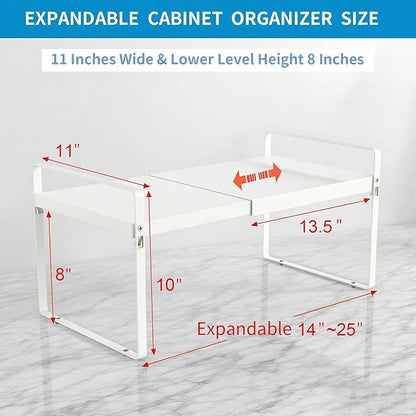 Expandable Cabinet Shelf Organizer 14-25 Inch Adjustable Length, 11" Wide 2-Tier (8" Bottom Layer) Metal Storage Rack for Kitchen Pantry, Under Sink Countertop - Heavy Duty White(2 Pack)
