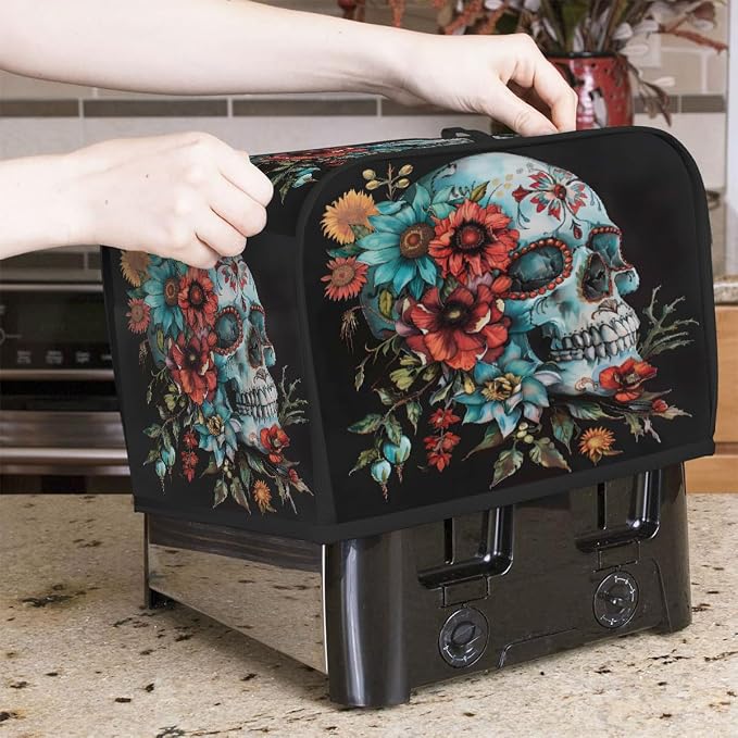 Cool Color Skull Toaster Cover 2 Slice Wide Slot Washable Kitchen Appliance Covers Fingerprint Bread Machine Dust Cover Small Toaster Oven Accessories Covers Bread Maker Bag Women Gift