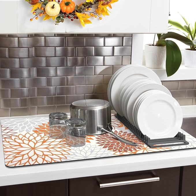 Findosom 2PCS 16" x 24" Fall Dish Drying Mat & 24" x 5.5" Sink Splash Guard, Super Absorbent & Cuttable Dish Mat Drying Kitchen Mat with Orange Floral, Hide Stain Drying Mat for Kitchen Counter