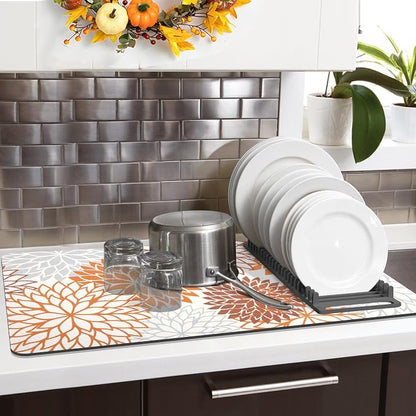 Findosom 2PCS 16" x 24" Fall Dish Drying Mat & 24" x 5.5" Sink Splash Guard, Super Absorbent & Cuttable Dish Mat Drying Kitchen Mat with Orange Floral, Hide Stain Drying Mat for Kitchen Counter