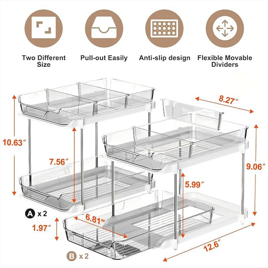 Delamu 2-Tier Multi-Purpose Bathroom Under Sink Organizers and Storage, Stackable Kitchen Pantry Organization, Pull Out Medicine Cabinet Organizer with Movable Dividers, Grey, 4 Pack