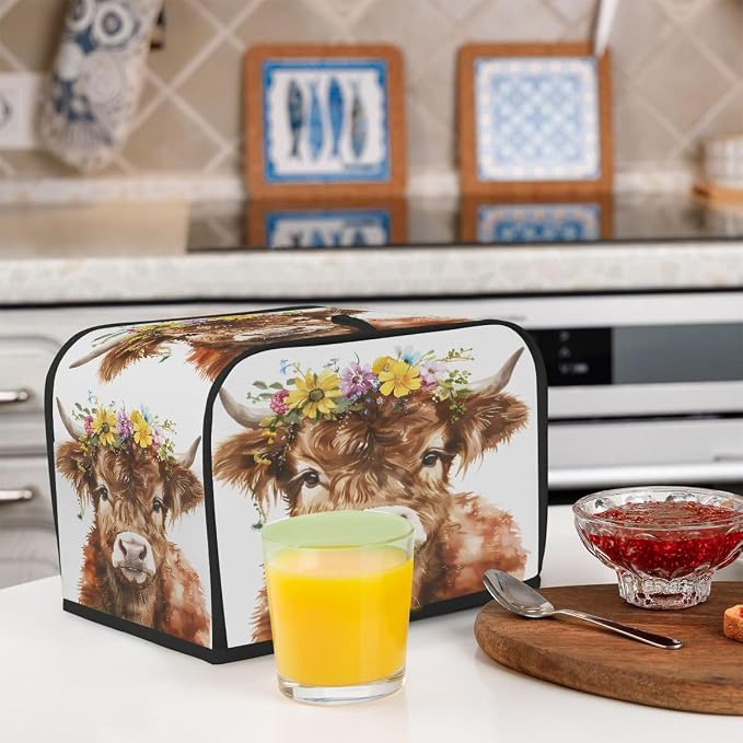 2 Slice Highland Cow Floral Toaster Cover Waterproof Dust Fingerprint Bread Machine Cover Washable Kitchen Appliance Protector For Home Kitchen Bakeware Table Decor Women Gifts