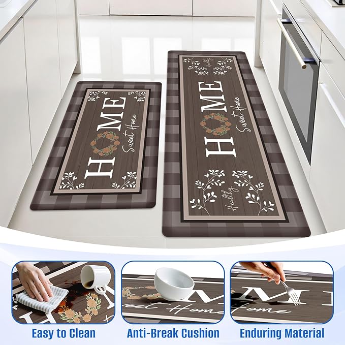 Kitchen Rugs, 2 PCS Kitchen Mats for Floor, Cushioned Non-Slip Anti Fatigue Mats for Kitchen Floor, Kitchen Runner for Standing Desk, Office, Laundry(17.3’’x 30’’+ 17.3’’x 47.2’’, Brown)