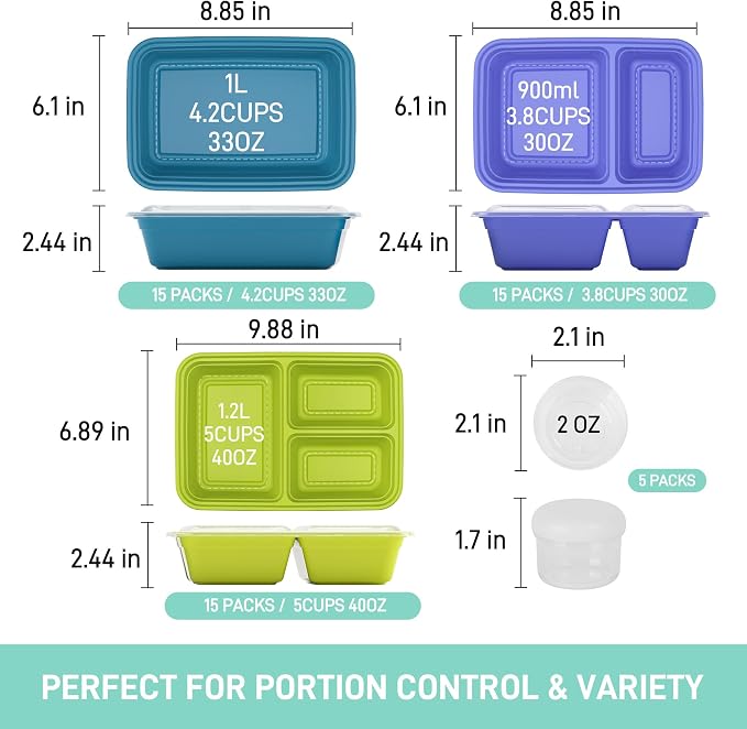 LISI 100-Piece Meal Prep Containers, 33oz Large Food Storage Containers with lids with 1, 2, 3-Compartment, Freezer Safe To-Go/Take-Out Boxes, Includes 5-Pack 2oz Dressing Cups for Take Out