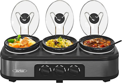 Sunvivi Triple Slow Cooker Buffet Server with 10 Cooking Liners, Adjustable Temperature Settings, for Parties, Holidays and Entertaining, Dishwasher Safe, 3 * 1.5 Quarts Grey
