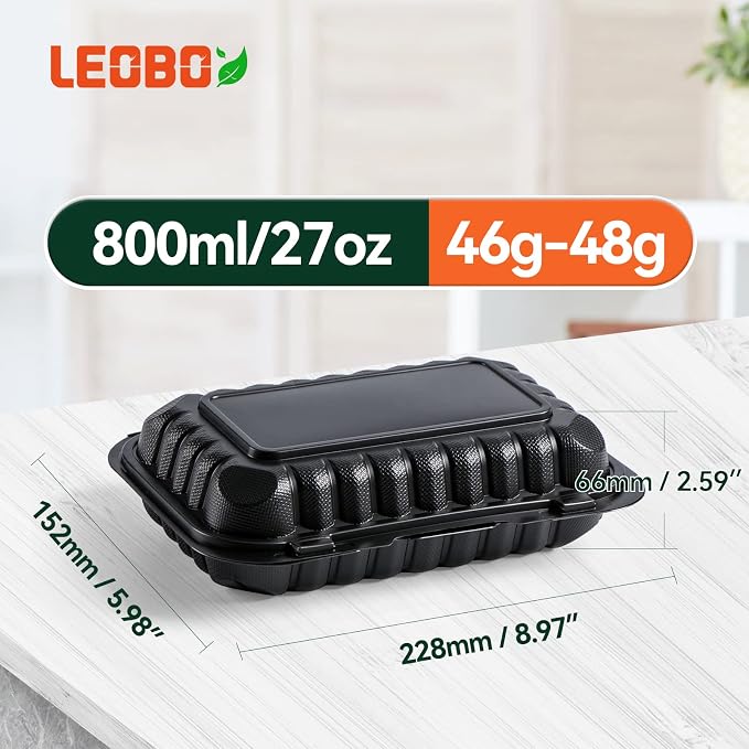 50-Pack 27oz 9x6 Black To Go Container - Shrink Wrapped No Pre-Wash | Sturdy BPA Free | Reusable & Secure Seal | Microwave, Freezer Safe Boxes For Restaurant, Catering, BBQ & Leftovers