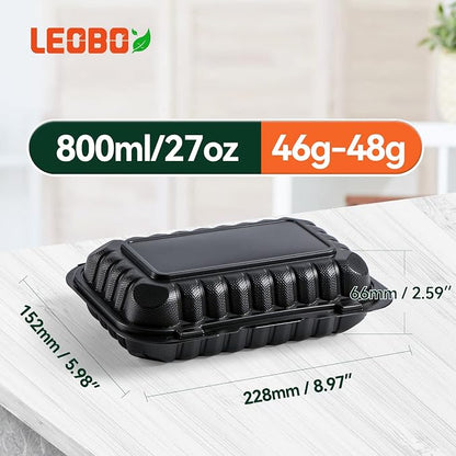 50-Pack 27oz 9x6 Black To Go Container - Shrink Wrapped No Pre-Wash | Sturdy BPA Free | Reusable & Secure Seal | Microwave, Freezer Safe Boxes For Restaurant, Catering, BBQ & Leftovers
