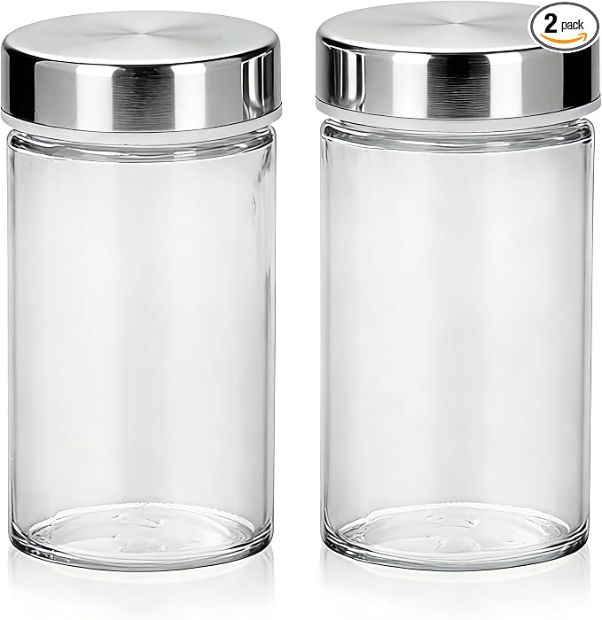 2 PCS 3 oz Glass Spice Jars/Bottles,Stainless Steel Lids Empty Round Spice Containers with Airtight Metal Caps with Shaker Lids