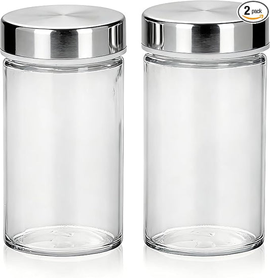 2 PCS 3 oz Glass Spice Jars/Bottles,Stainless Steel Lids Empty Round Spice Containers with Airtight Metal Caps with Shaker Lids